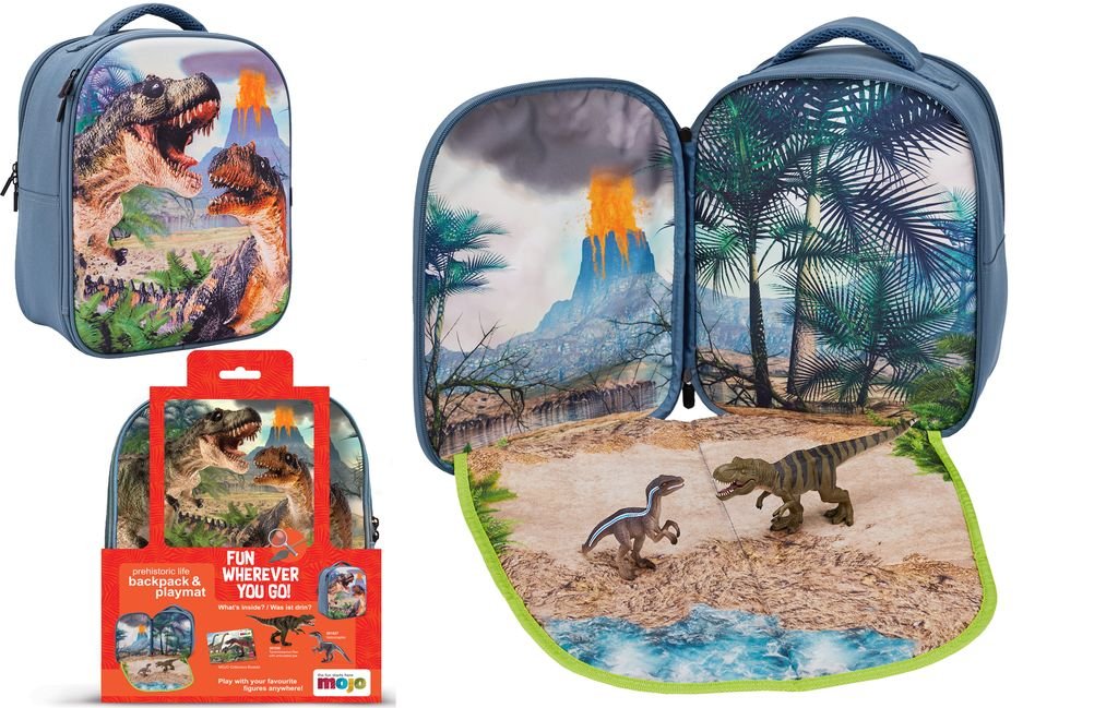 Mochila Dinosaurius 3D Junior con 2 figuras y folleto de coleccionista (T-Rex y Velociraptor)