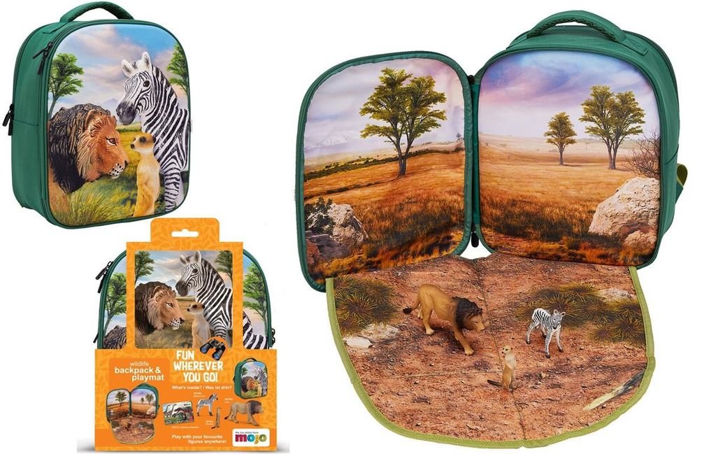 Mochila Selva 3D con 3 figuras y folleto de coleccionista (León, Zebra y Suricato)