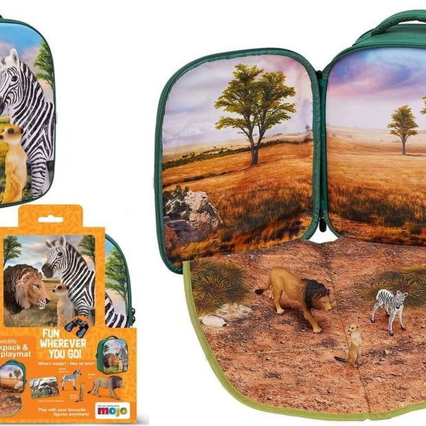 Mochila Selva 3D con 3 figuras y folleto de coleccionista (León, Zebra y Suricato)